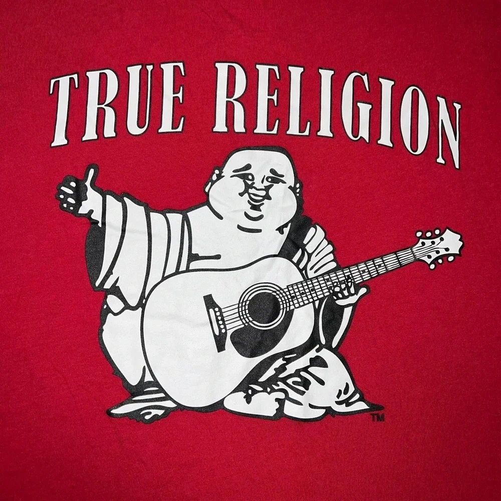 True Religion Buddha Guitar T Shirt Men's Sz 2XL XXL Red Spell Out 2‎ Sided Tee